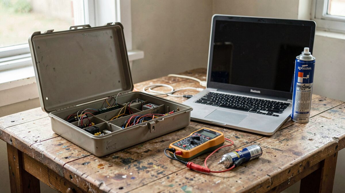 A repair bench in daylight with an open desktop case, a laptop beside it, a multimeter and a can of compressed air on a worn wooden surface.